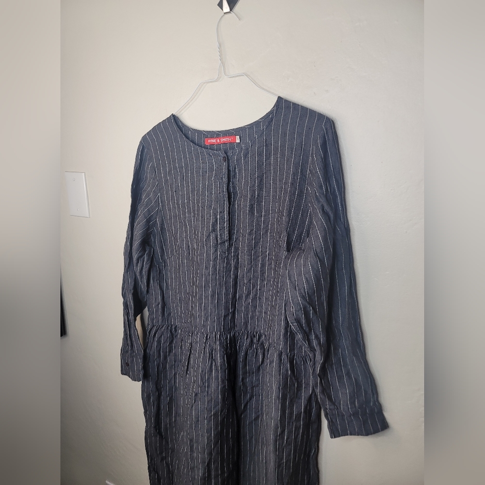 Relaxed Navy Pinstripe Midi Dress - Picture 3 of 5